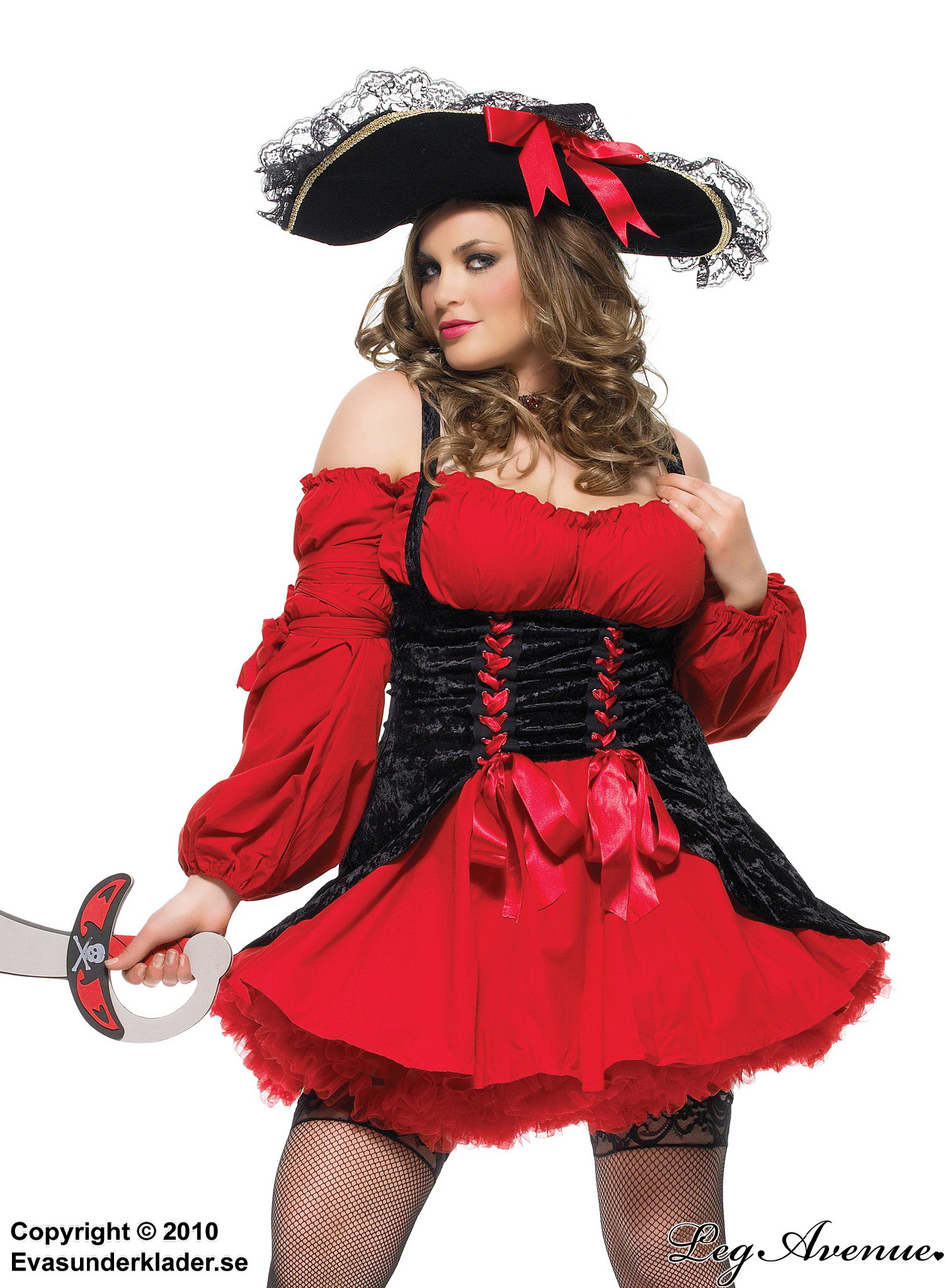 Female pirate, costume dress, lacing, ruffles, velvet, cold shoulder, XL to 4XL